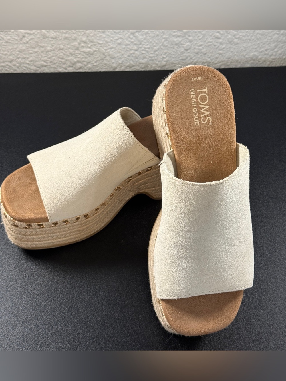 TOMS Cream Suede Espadrille Platform Slide Sandals